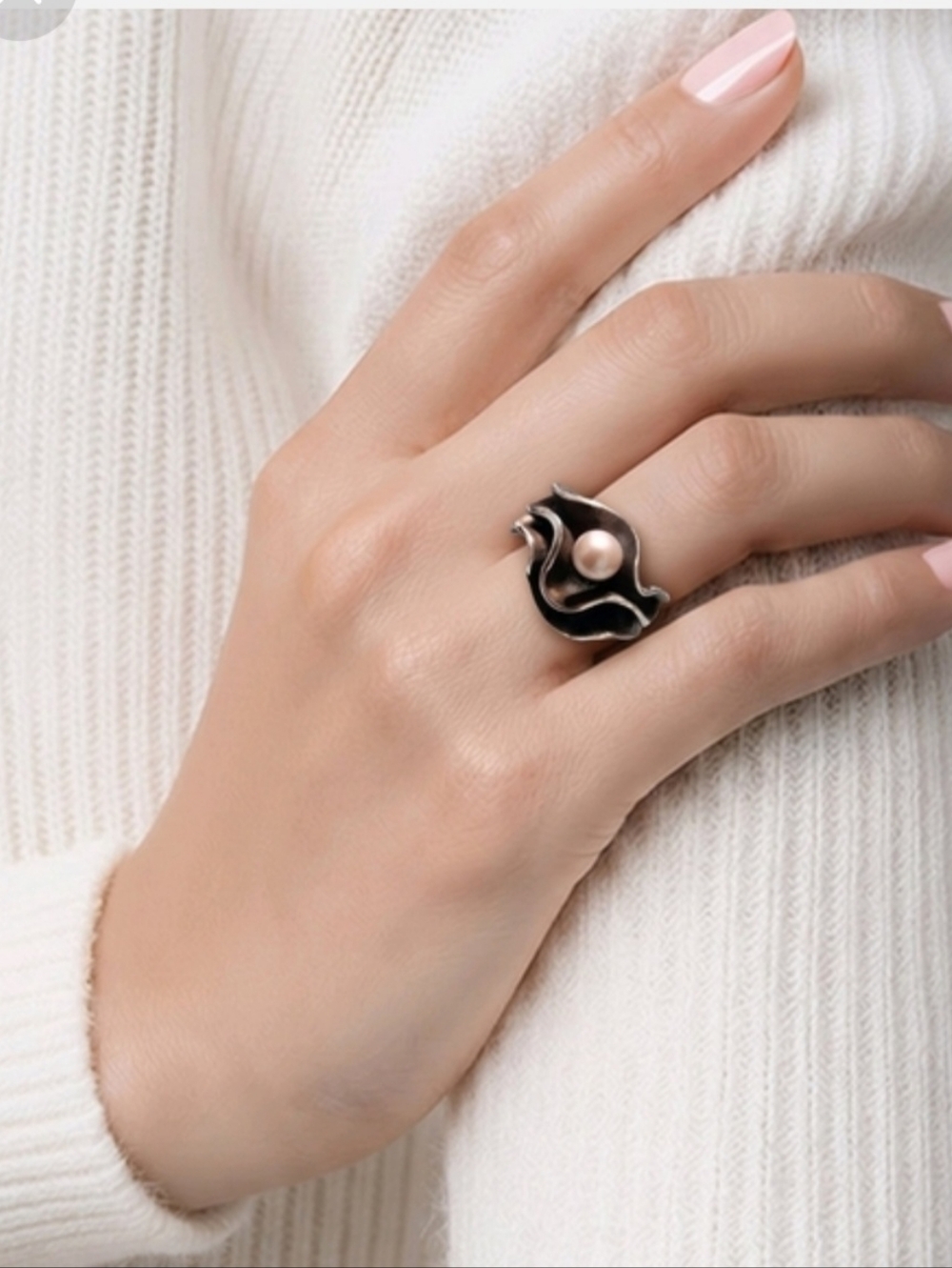 Artistic Modern 925 Oxidized Silver Wave Ring with Single White Pearl Size 7.5